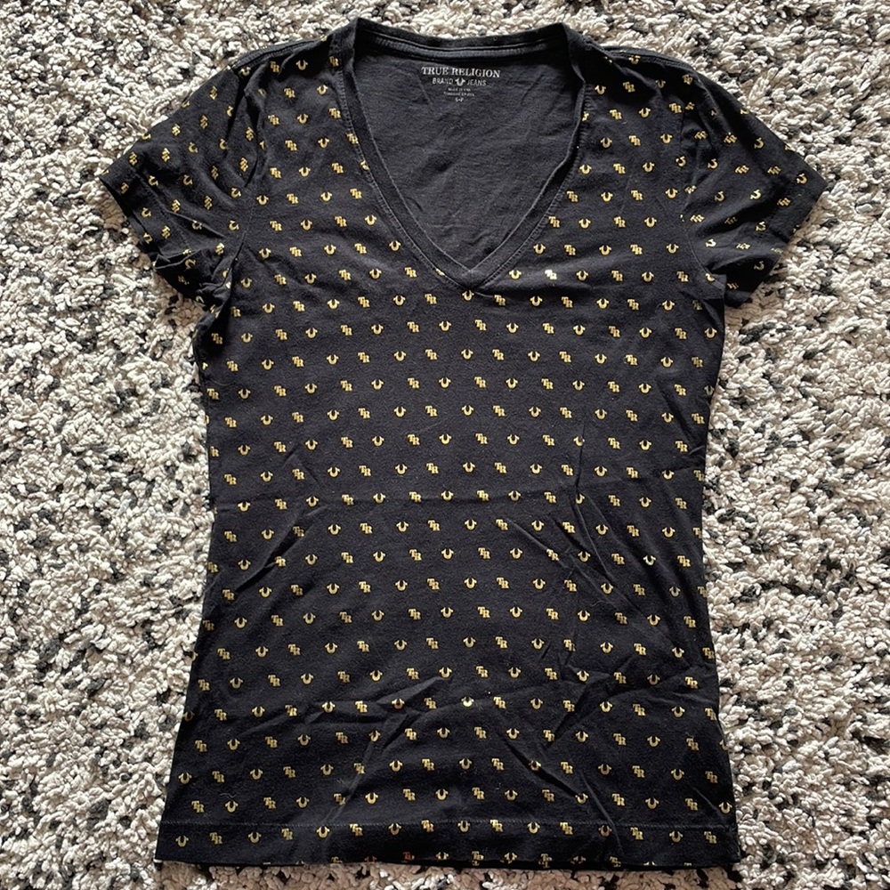 True Religion Short Sleeve Shirt—Small, Black & Gold